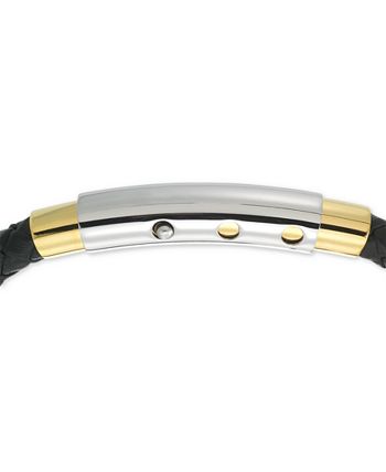 LEGACY for MEN by Simone I. Smith - Two-Tone Woven Black Leather Bracelet in Stainless Steel & Yellow Ion-Plate