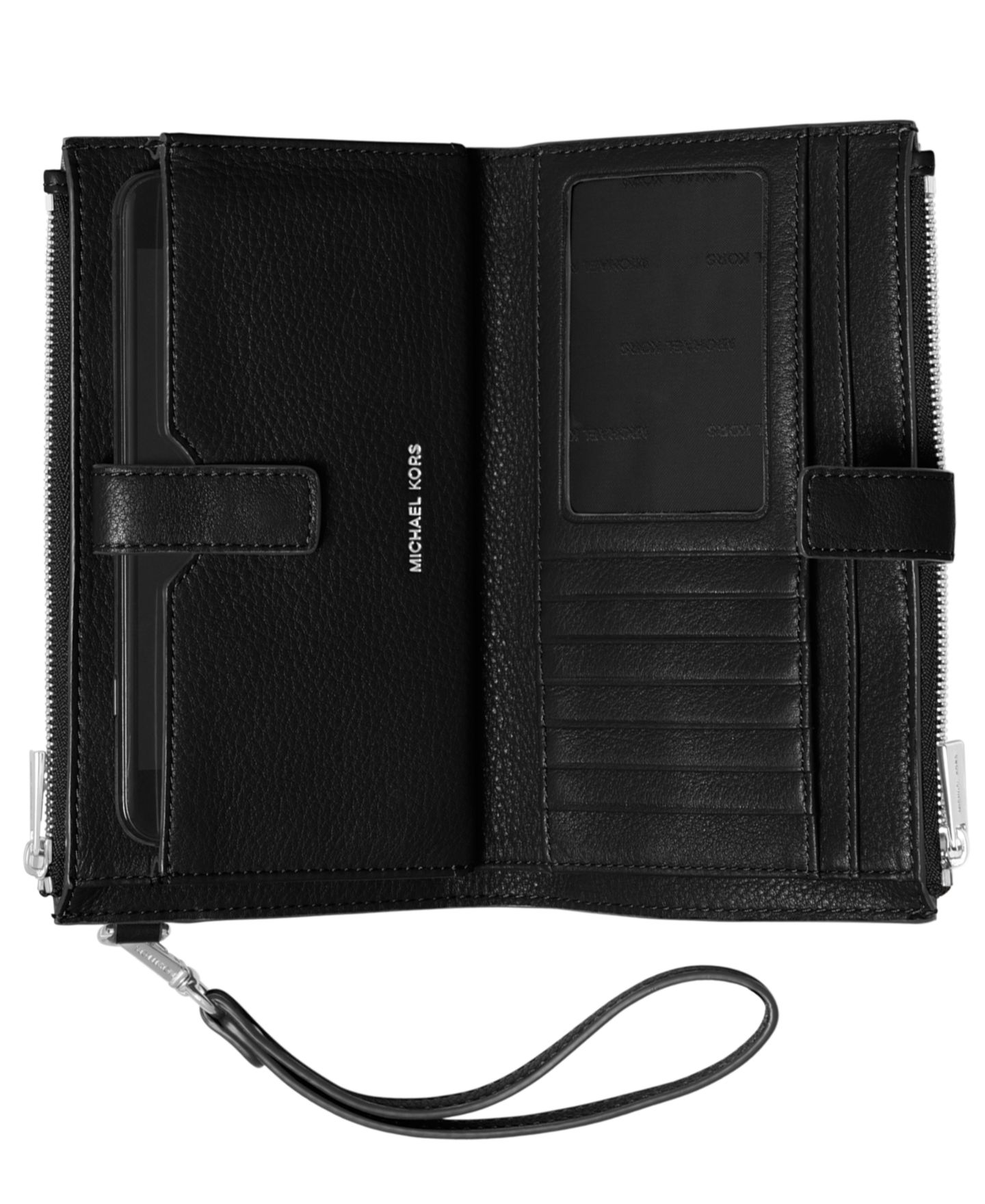 Женский кошелёк Michael Kors Adele Double-Zip Pebble Leather Phone Wristlet, цвет: Чёрный / Золотой — фото 2