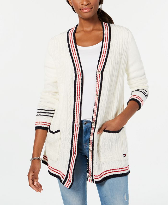 Tommy Hilfiger Striped-Trim Mixed-Knit Cardigan, Created for