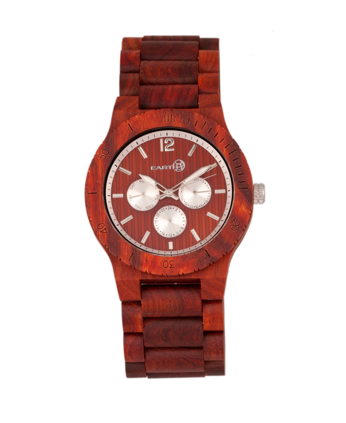 Earth Wood Bonsai Wood Bracelet Watch W/Day/Date Red 45Mm