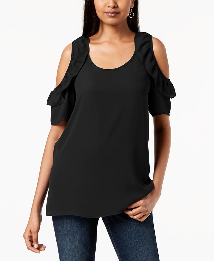 NY Collection Petite Ruffled Cold-Shoulder Top - Macy's