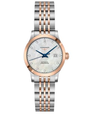 Longines - Women's Swiss Automatic Record Diamond-Accent Stainless Steel & 18k Rose Gold Cap 200 Bracelet Watch 30mm