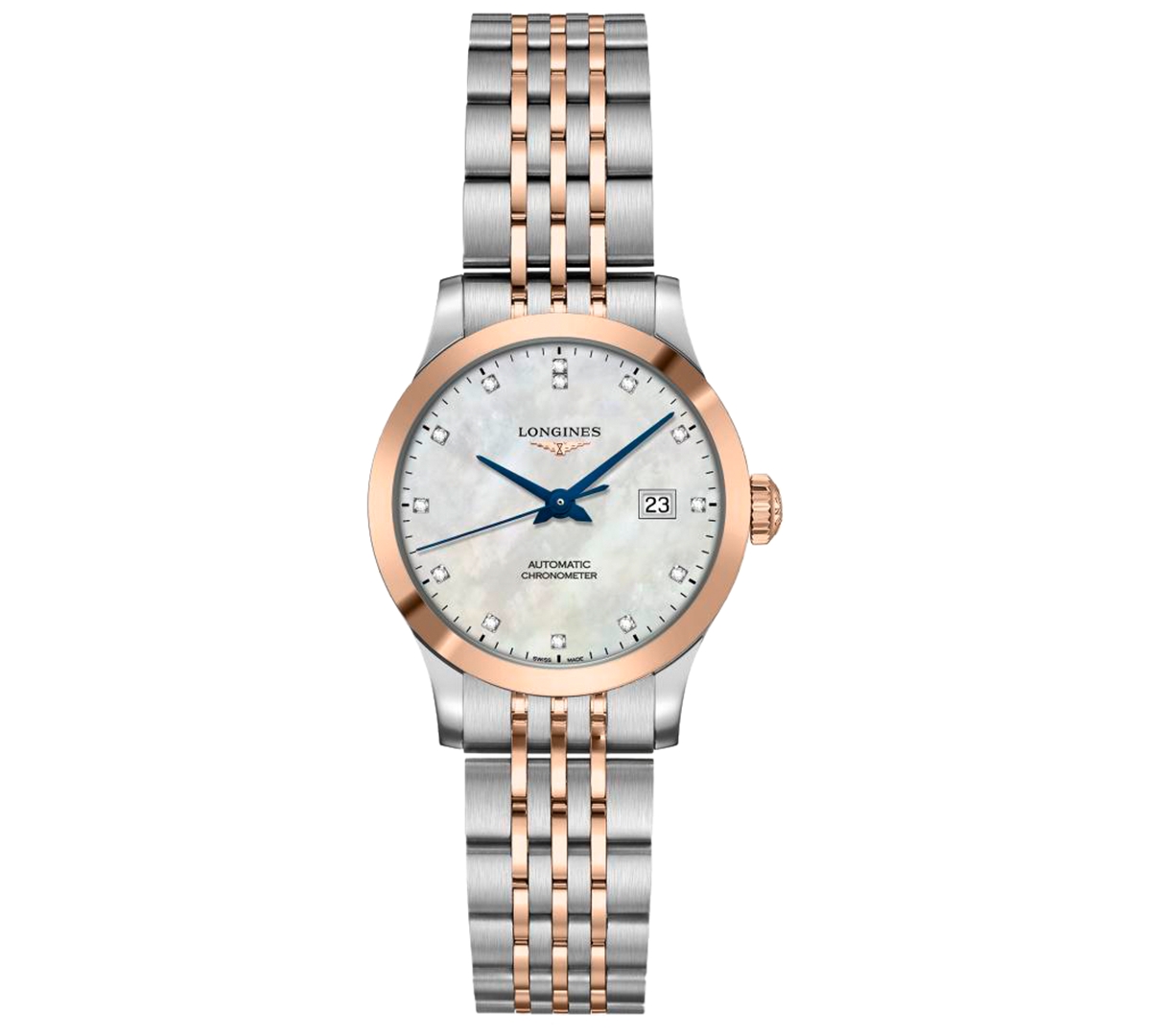 Women's Swiss Automatic Record Diamond-Accent Stainless Steel & 18k Rose Gold Cap 200 Bracelet Watch 30mm
