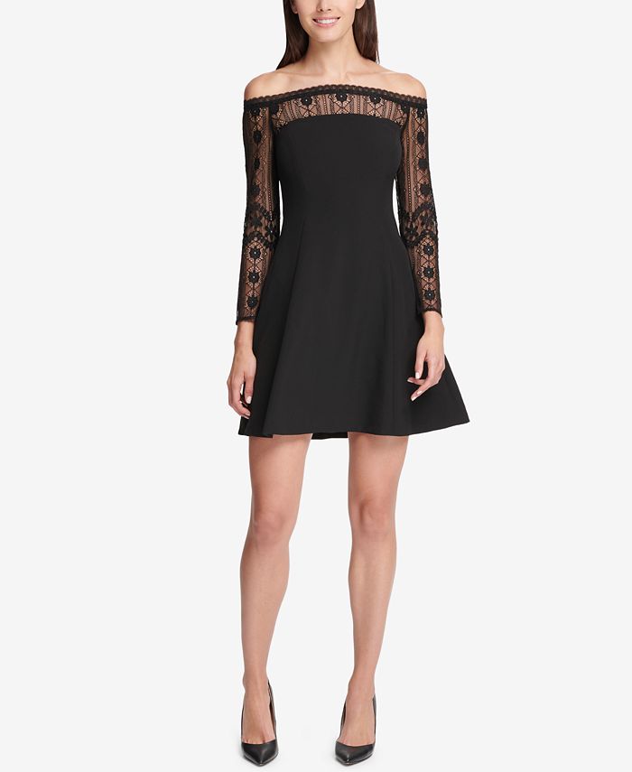 Kensie Women's Off The Shoulder Shift Dress With Lace Trim - Casual Mini Dress, Stretch Fit