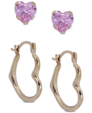 image of 2-Pc. Set Cubic Zirconia Heart Stud & Polished Heart Hoop Earrings in 10k Gold