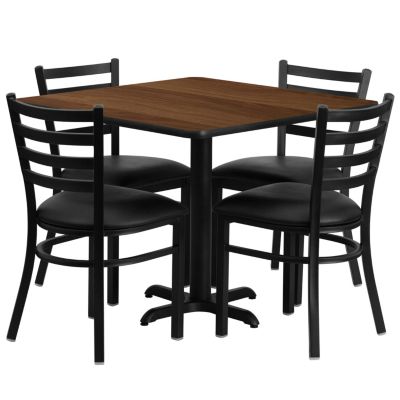 Photo 1 of (2 chairs only) 36'' Square Walnut Laminate Table Set With 4 Ladder Back Metal Chairs - Black Vinyl Seat