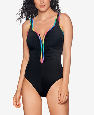 Reebok Contrast Trim Zip Front One Piece Swimsuit Reviews Swimsuits Cover Ups Women Macy S