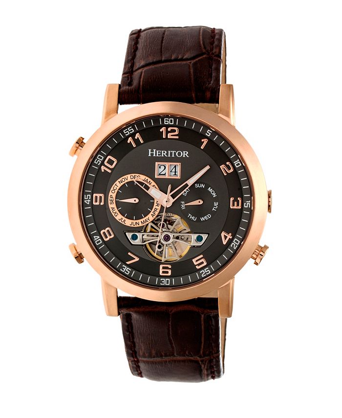 Heritor Automatic Edmond Rose Gold Black Leather Watches 43mm
