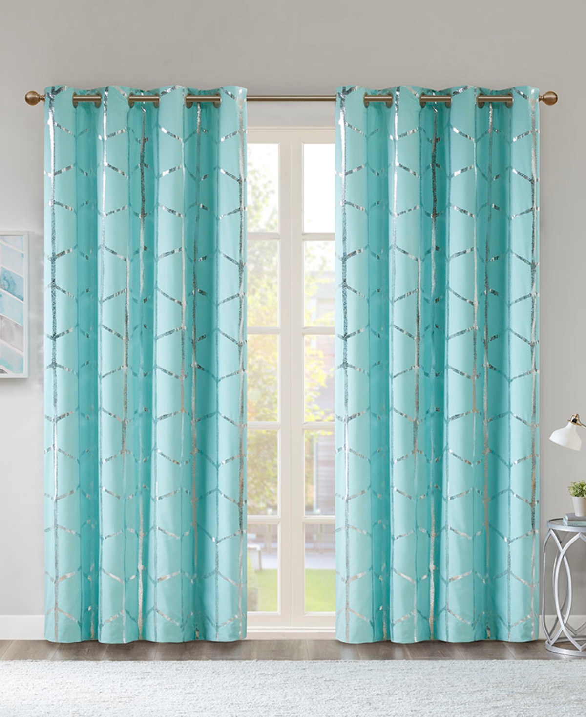 Raina Total Blackout Metallic Print Grommet Top Curtain Single Panel, 50"W x 63"L - Aqua/silver