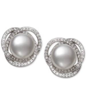 image of Cultured Freshwater Pearl (9mm) & Cubic Zirconia Spiral Stud Earrings in Sterling Silver