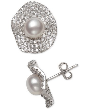 Macy's - Cultured Freshwater Pearl (6mm) & Cubic Zirconia Button Stud Earrings in Sterling Silver