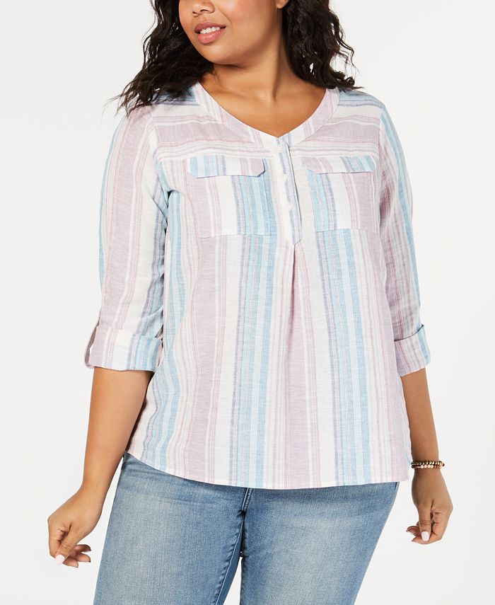 Style & Co Plus Size Striped Linen-Cotton Shirt, Created for Macy's ...