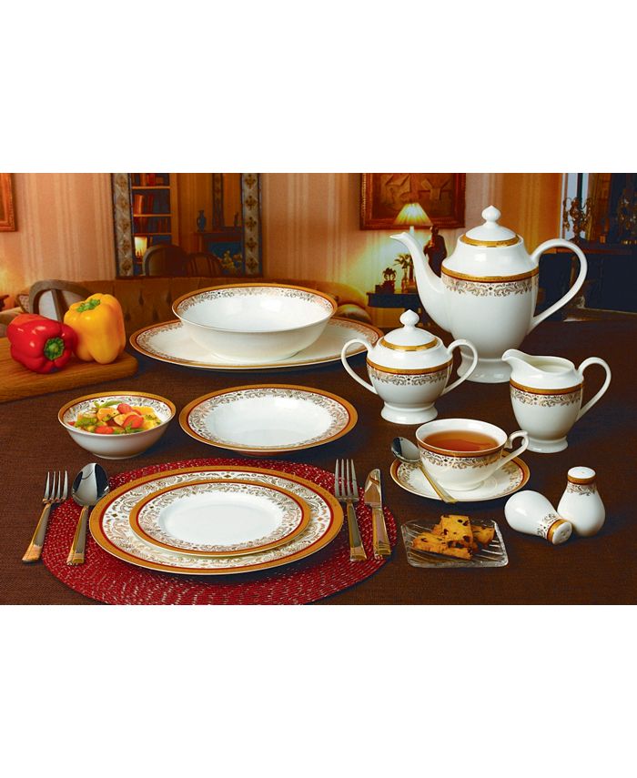Set Stoviglie Lorren Home Trends Luna Collection In Porcellana Bone China - 57 Pezzi, Servizio 8, Rosso E Oro 24K - 2