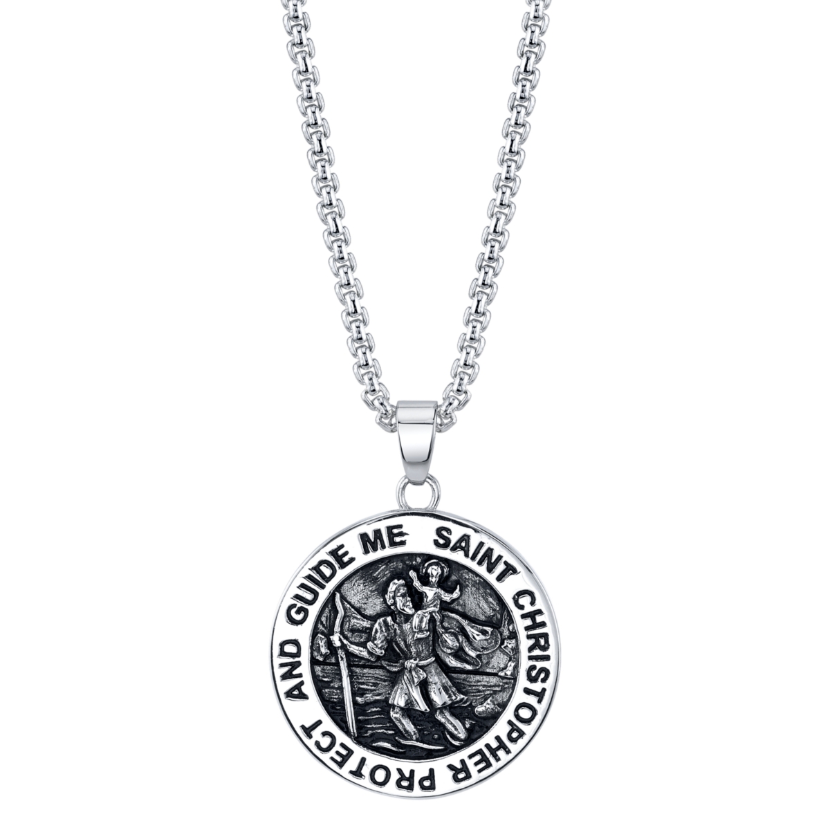 "Saint Christopher" Coin Pendant Necklace in Stainless Steel, 24" Chain - Stainless Steel