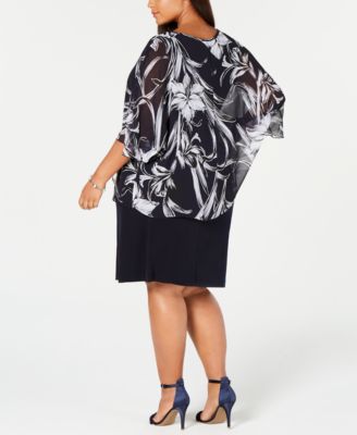 Connected Plus Size Printed Chiffon Cape Dress