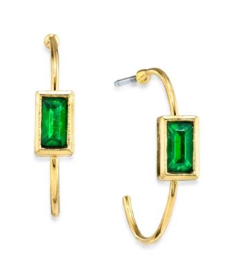 14K Gold-tone Square Crystal Open Hoop Stainless Steel Post Small Earrings 