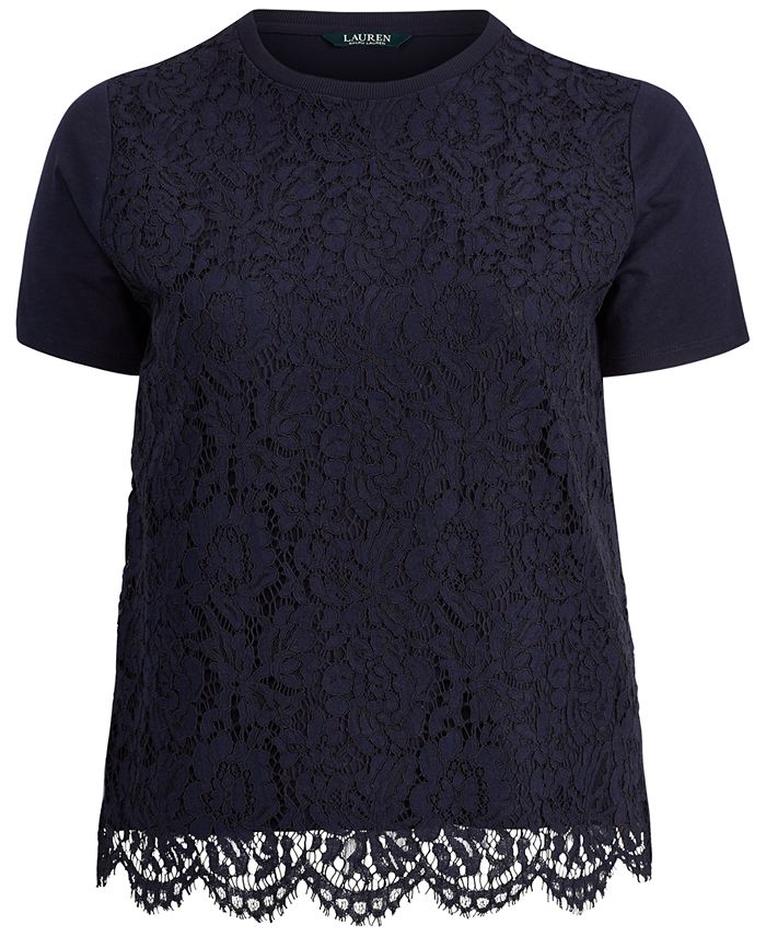 Lauren Ralph Lauren Plus Size Lace-Front T-Shirt & Reviews - Tops ...
