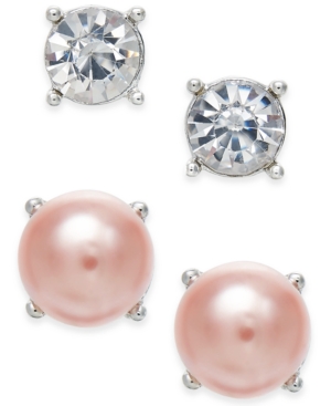 image of Charter Club Silver-Tone 2-Pc. Set Crystal & Imitation Pearl Stud Earrings, Created for Macy-s