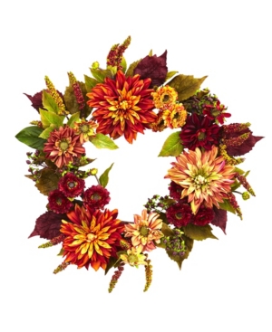 NEARLY NATURAL 22" DAHLIA AND MUM WREATH 
