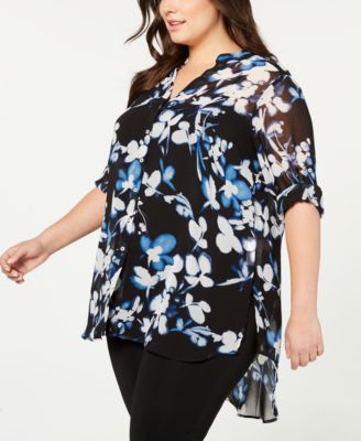Calvin Klein - Plus Size Printed Button-Front High-Low Shirt