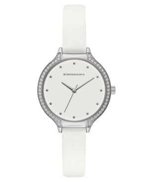 image of Bcbgmaxazria Ladies White Leather Strap Watch with White Dial with Silver Case, 34mm