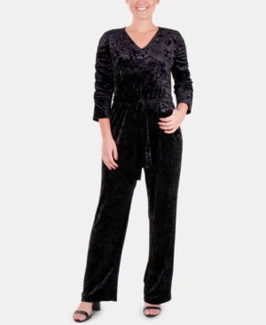 Ny Collection Petite Ruched-sleeve Velvet Jumpsuit