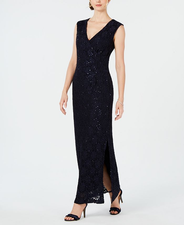 connected sequined lace overlay gown