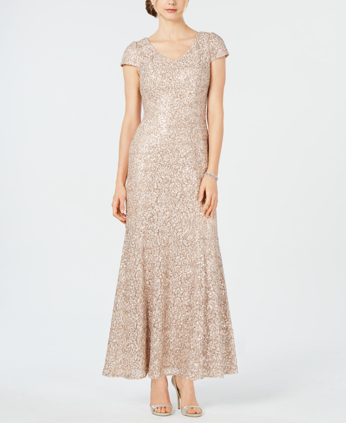 Petite Lace Cap-Sleeve Gown - Champagne Ivory
