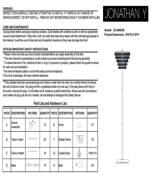 JONATHAN Y Jemma Crystal, Metal Led Floor Lamp