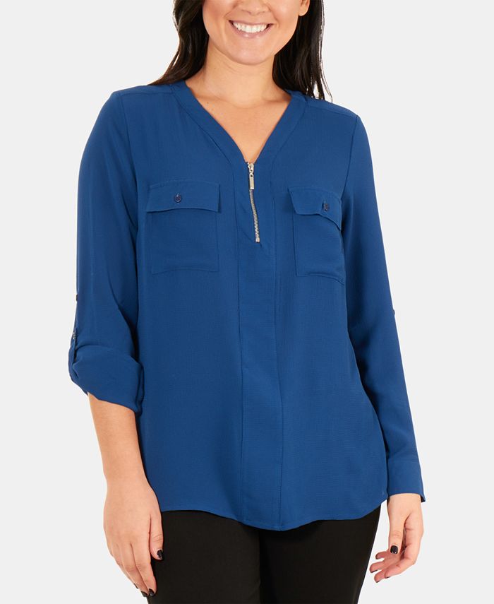 NY Collection FrontZipper RollTab Sleeve Top Macy's