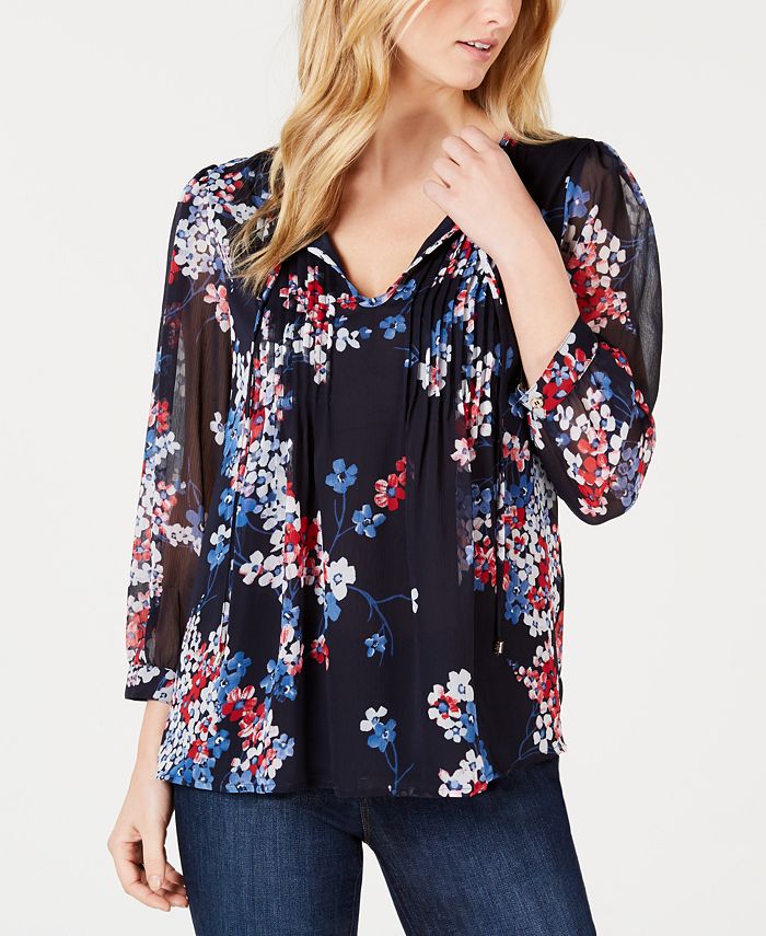 Tommy Hilfiger Long-Sleeve Eloise-Floral Pintuck Top, Created for Macy ...