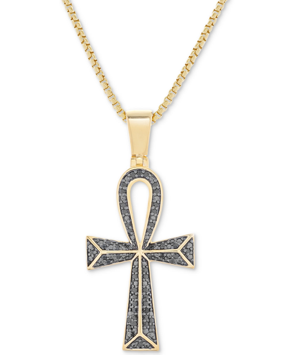 Shop Macy's Men's Diamond Ankh Cross 22" Pendant Necklace (1/4 Ct. T.w.) In 14k Gold-plated Sterling Silver And  In Black,gold Over Silver