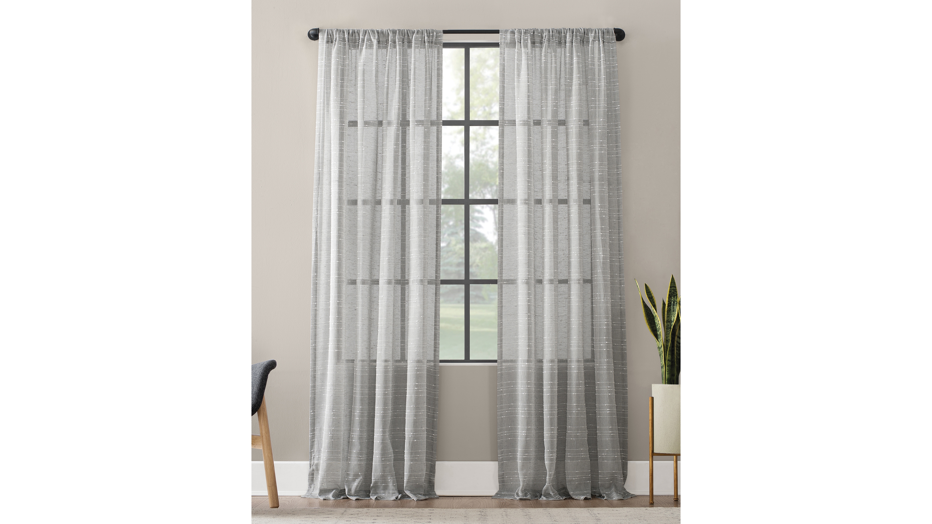 Textured Slub Stripe Anti-Dust Linen Blend Sheer Curtain Panel