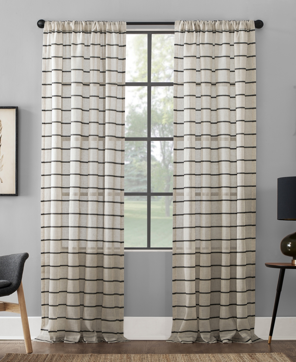 Clean Window Twill Stripe Anti-dust Curtain Panel, 52" X 84" In Black,linen