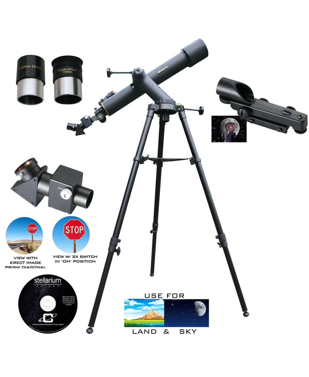 Cosmo Brands Cassini 720 X 80 Land And Sky Tracker Telescope And 2x Flip Barlow And Dot Sight In Black