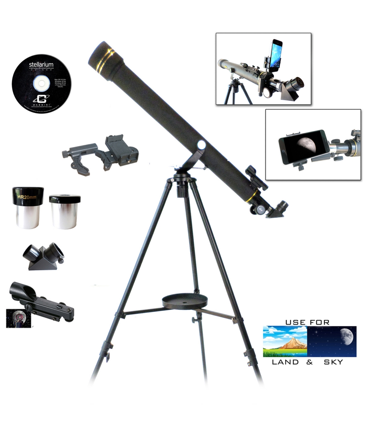 Galileo 800 X 60mm Day And Night Telescope And Smartphone Adapter And Red Dot Finder In Black