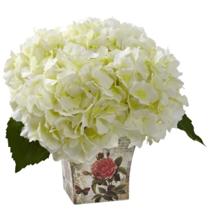 Nearly Natural Hydrangea Silk Arrangement W/ Floral Planter In Cream