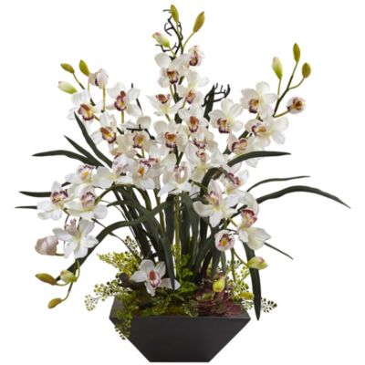 Cymbidium Orchid Silk Arrangement w/ Black Vase