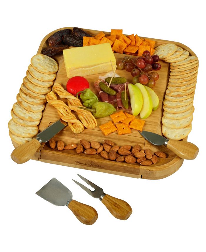 Picnic At Ascot Malvern Bamboo Cheese Board Set with Cracker Rim and 4