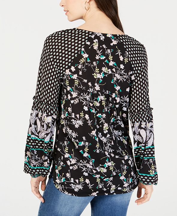 Style & Co Petite Mixed-Print V-Neck Tie-Front Top, Created for Macy's ...