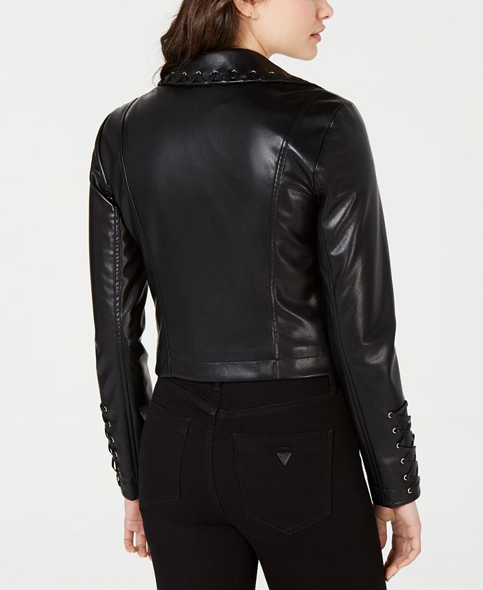 GUESS Lace-Up Faux-Leather Moto Jacket - Macy's