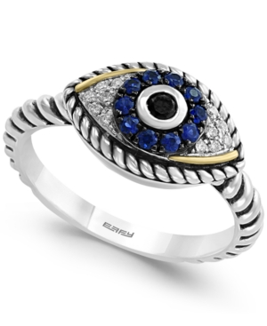image of Sapphire (1/5 ct. t.w.) and Diamond (1/6 ct. t.w.) Evil Eye Ring in Sterling Silver & 18k Gold