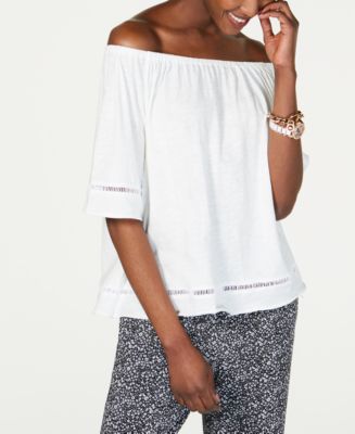 Michael Kors Women's Lace Off The Shoulder Top Brown Size Petite Large