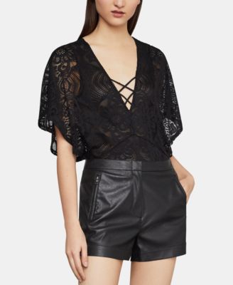 Body Dentelle Noire BCBG Max Azria Beata - Taille XS - Manches Courtes Volantées - Neuf Avec étiquettes