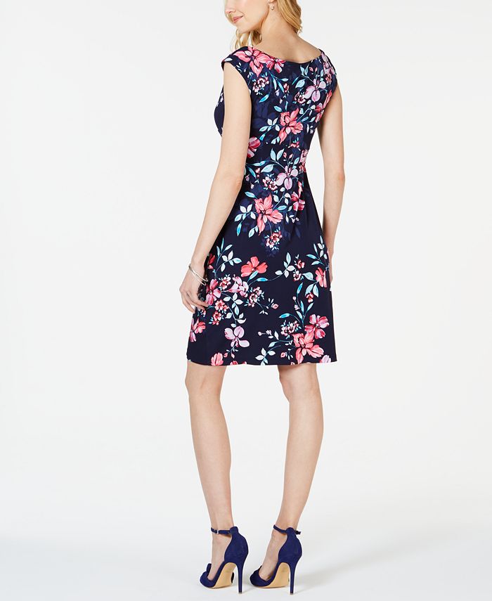 Connected Petite Floral-Print Gathered-Waist Dress - Macy's