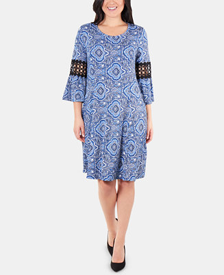 NY Collection Petite Crochet-Trimmed Bell-Sleeve Dress - Macy's