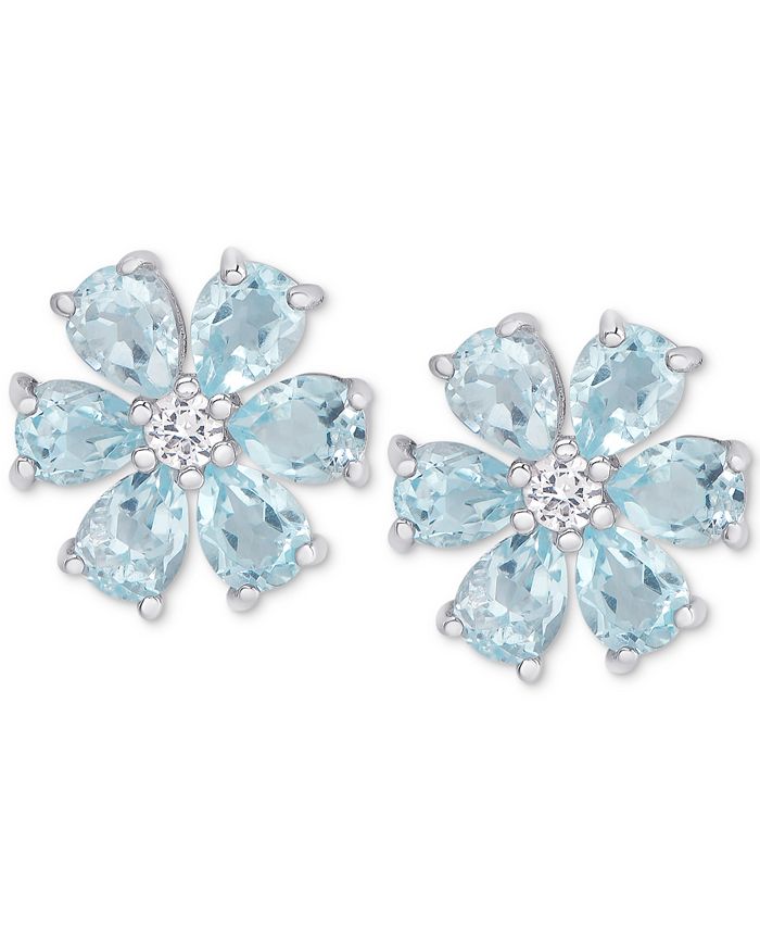 .925 Sterling Silver Aqua Topaz Flower Stud Earrings, Women's, Size: One size, Blue