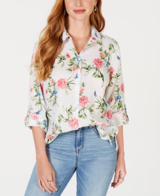 Charter Club Petite Linen Floral-Print Utility Shirt, Created for Macy ...