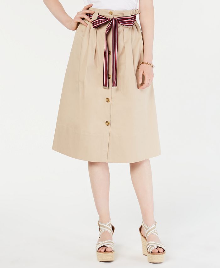 Button front online tie waist skirt