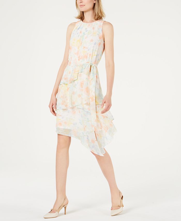 Calvin Klein Floral Printed Tiered Chiffon Dress - Macy's